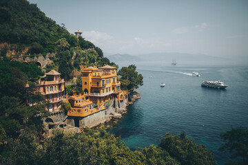 Italy, city Portofino. Majestic summer vacation location, mediterranean colorful luxury waterfront house with amazing view, over the beautiful bay, Portofino, Liguria, Italy, Europe. 