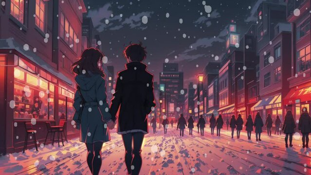 Anime style illustration of a couple on a date in winter, anime seamless loop animation.