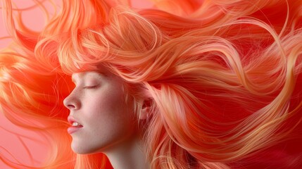   A woman's face with close-up shot, hair swaying in the wind; vibrant hues of orange and red tones