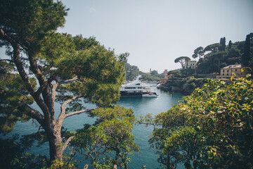 View from above of the beautiful Portofino with a turquoise waters and italian nature landscape....