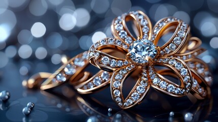   A tight shot of a golden ring, adorned with a floral motif atop a black backdrop, encircled by numerous diamonds