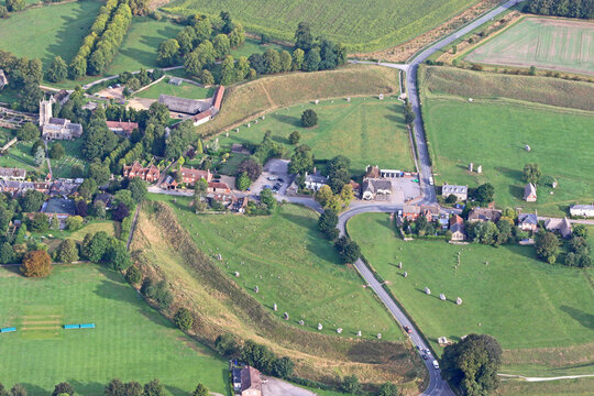 Aerial view of the Standing stone circle at Avebury in Wiltshire	