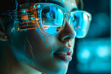 Femme scientifique portant des lunettes avec technologie futuriste - obrazy, fototapety, plakaty