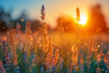 A mesmerizing field of vibrant flowers stretches towards the horizon as the sun sets in the...