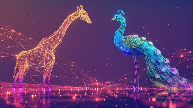 Glowing Rendezvous: A Luminous Giraffe Meets a Radiant Peacock.