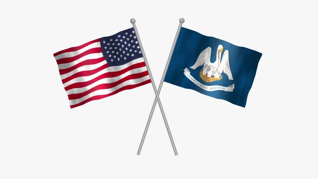 Flag of Louisiana and USA, Cross table flag of Louisiana and USA on white screen, USA States Louisiana 3D Animation flag waving in the wind isolated on white Background. 
