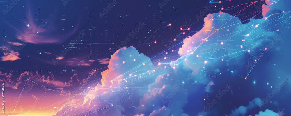 Poster digital cloud network concept over sunrise sky. futuristic illustration of data connection, cyber te
