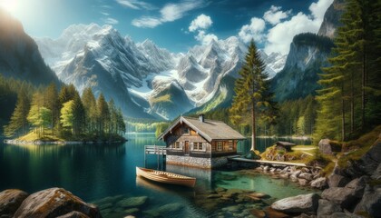 A beautifully painted scene of a mountain lake at twilight, showcasing a peaceful boat gently floating on the calm waters