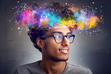 A man with glasses gazes confidently, his hair flowing in vibrant rainbow hues, a symbol of individuality and creativity