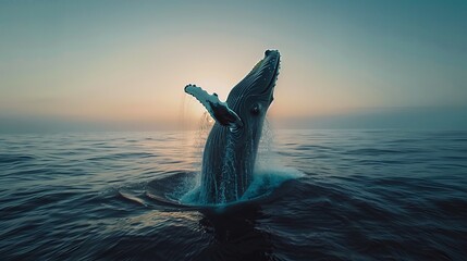 Stunningly realistic image of a humpback whale breaching majestically from the depths of the ocean