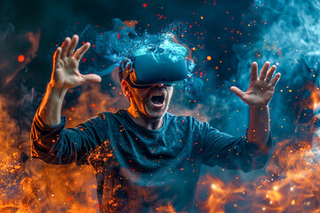 Hyper-realistic rendering of a person stuck in virtual reality, the expression one of digital dismay