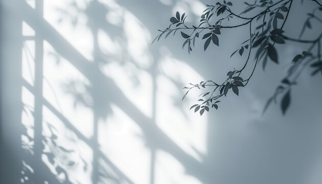 A white wall with the beautiful shadow of leaves and branches, in a minimalist style with a monochrome background, realistic shadows and soft lighting. Background for concept and presentation
