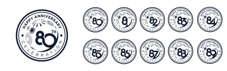 set of 80 to 89th anniversary logotype design, with black color fireworks for celebration event, wedding, and birthday, vector illustration