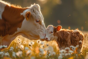 Cow and Calf in Sunset Field. A mother cow nuzzles her calf among daisies at golden hour.