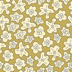 Seamless retro pattern of stylized flowers on a yellow background. White flowers.
