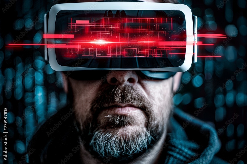 Poster a man fully immersed in a virtual reality experience, wearing a futuristic headset and exploring a d