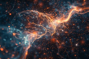 A computer-generated human brain, intricately detailed with glowing synapses firing and neural...