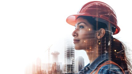 Double exposure of an Indian woman with hard hat standing in urban setting with cityscape in background