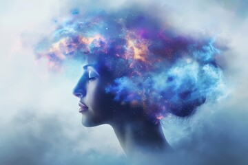 A womans head enveloped by a swirling cloud of smoke, symbolizing inner thoughts and emotions escaping into the atmosphere