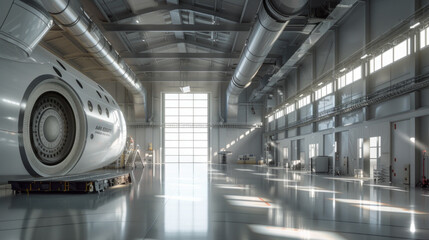 A high-tech aerospace engineering facility with testing chambers, wind tunnels, and computer...