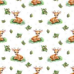 Obraz premium watercolor pattern of a fawn on the grass