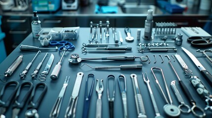 Surgical Tools Laid Out for an Operation In the style of Stainless steel colors with high contrast to emphasize the clean, sterile environment of surgical tools
