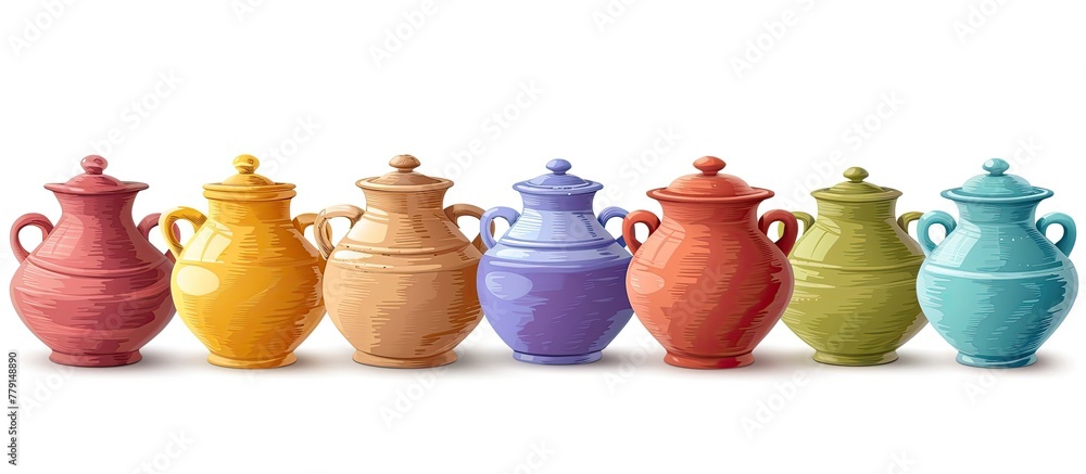 Poster a collection of vibrant pottery vases with lids are displayed in a row on a white background. these 