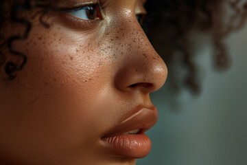 womans face adorned with a sprinkling of freckles, resembling a galaxy of stars scattered across her skin