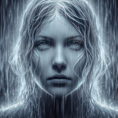 Frightened girl in the rain - obrazy, fototapety, plakaty