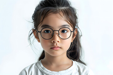 Fototapeta premium Closeup portrait of beautiful asian kid girl wearing eyeglasses, isolated on a white background