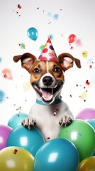 Naklejka premium A small dog wearing a party hat is surrounded by balloons and confetti.