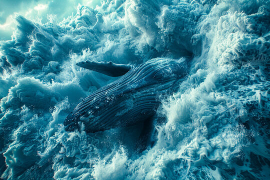Majestic 3D-rendered whales breaching in an ocean of digital waves, a spectacle of nature's grandeur