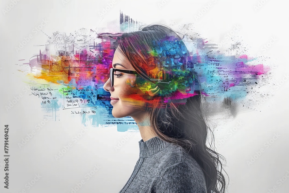 Aufkleber A womans face is portrayed against a vibrant multicolored background, creating a mesmerizing and captivating visual experience