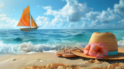 Bright hat and sandals on sunny beach with sailboats - Ai Generated