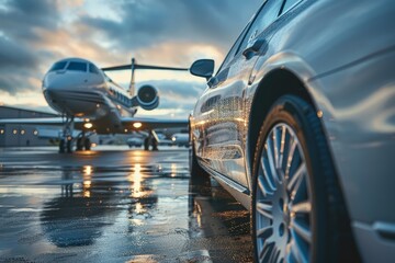 A sleek car is parked in front of an airplane, creating a unique juxtaposition of ground and air transport vehicles
