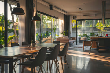 Fototapeta premium A modern dining room connected to the living room and to the kitchen, there are large windows in the wall.