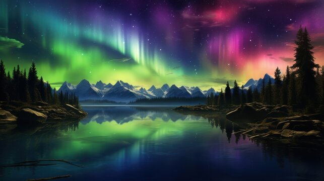 A painting of a lake surrounded by trees and mountains, with the sky filled with stars and the northern lights.