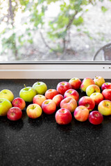Red and striped apples on the windowsill. Harvest of early apples on a summer day