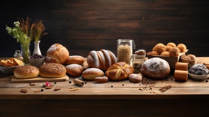 A table full of different types of bread, including loaves and rolls, against a dark wood background.