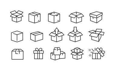 delivery box or parcel vector icons set (fill only eps file) on white background. product, cargo, package, packing, export, shipping, pack, deliver, delivering, packaging, mail, transport concept
