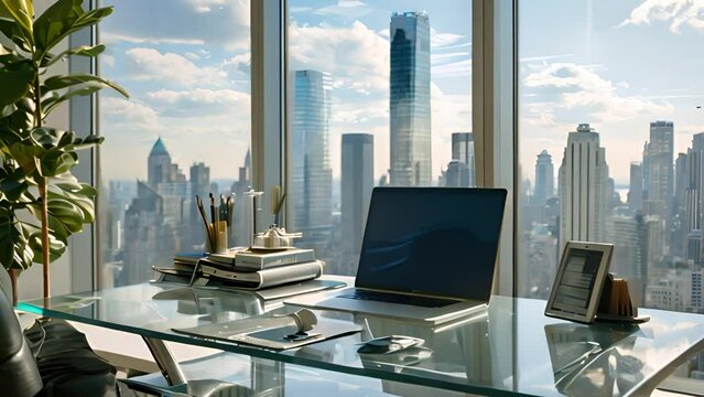 Modern home office setup with stunning city skyline view. Work-life balance.