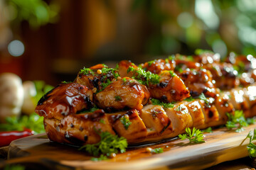 Grilled chicken skewers with barbecue sauce and herbs on a wooden board. Gourmet meal preparation concept with a close-up view for design in culinary arts