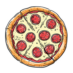 Hand-drawn pepperoni pizza, melting cheese.
