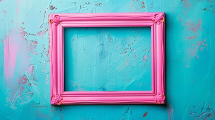 Pink empty frame on vibrant blue background creates a striking contrast between vintage and contemporary styles. The retro-inspired backdrop adds a decorative touch to this pop art-inspired concept.