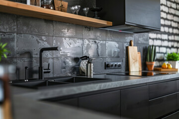 Interior of contemporary kitchen with black cabinets and gray tile on walls in new apartment.