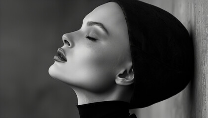 Elegant woman in a beret posing with eyes closed and head tilted upwards, monochrome portrait with soft lighting