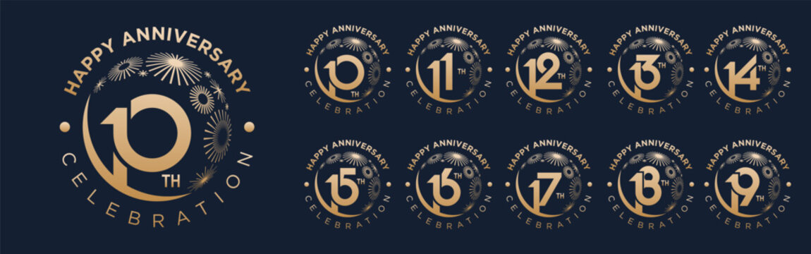 set of 10 to 19th anniversary logotype design, with golden fireworks for celebration event, wedding, and birthday, vector illustration