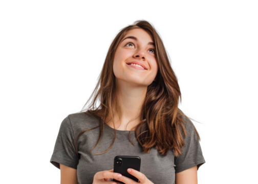 Smiling Woman Holding Phone Looking Up