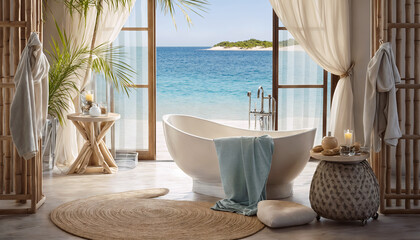 Interior of modern bathroom with white bathtub and tropical sea view