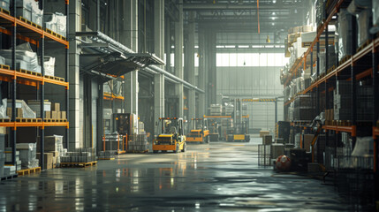 A bustling logistics warehouse with shelves, forklifts, and inventory management systems, currently idle but prepared for efficient storage and distribution
